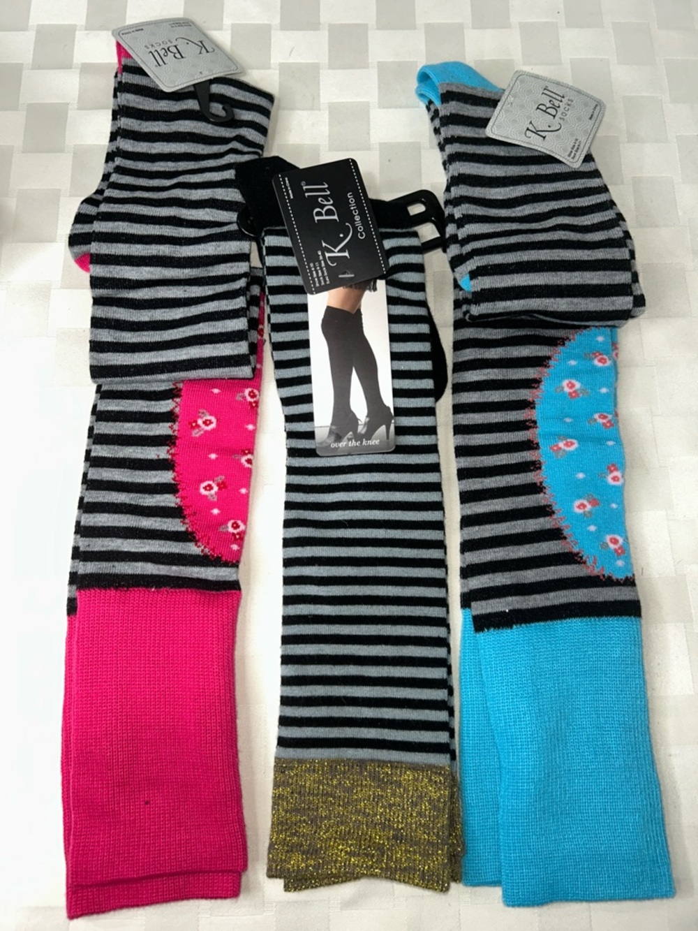 K. Bell Striped Over-the-Knee Socks - Black/Grey with Pink or Blue